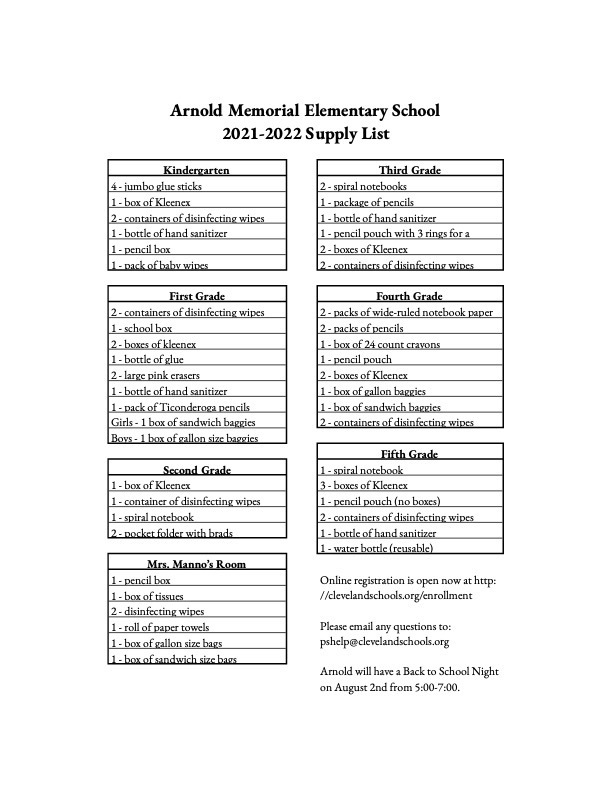 2021-2022 Arnold Supply List