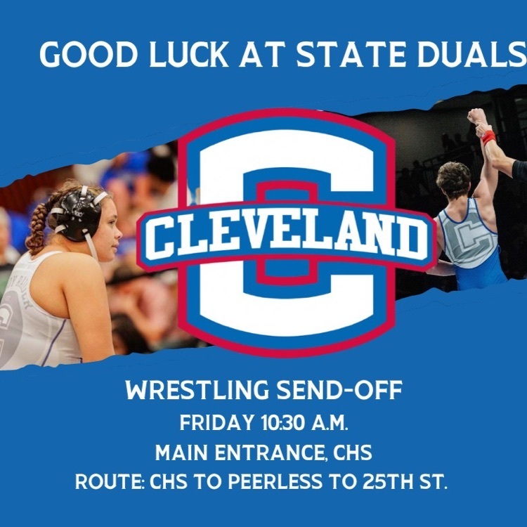 SHOW YOUR SUPPORT👏 Our CHS Wrestling teams are head to state duals tomorrow! Come show your support at the send-off tomorrow at 10:30 a.m. We will be lining up from CHS to Peerless to 25th Street!