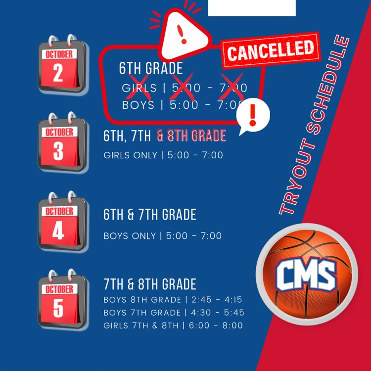 6TH GRADE GIRLS TRYOUT ON MONDAY CANCELED. 6TH, 7TH, & 8TH WILL TRYOUT TUESDAY FROM 5:00 - 7:00